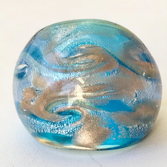 Murano Style Glass Dome Cocktail Ring Size 7 Aqua Blue Metallic - Picture 2 of 12
